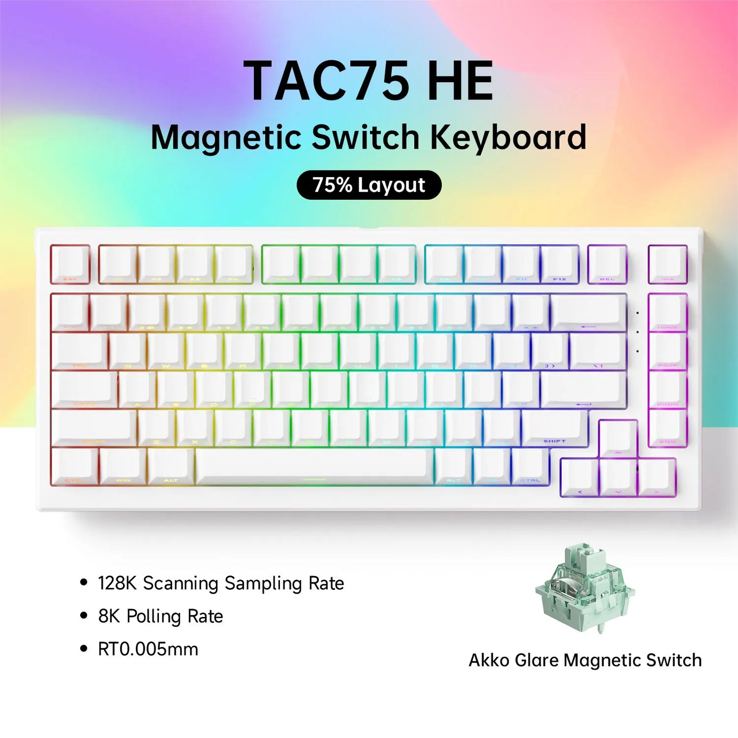 Teclado AKKO TAC75 HE com interruptores magnéticos, formato 75%, teclado gaming Rapid Trigger 0.005mm 8K RGB com fio, teclado personalizado para esports para gamers