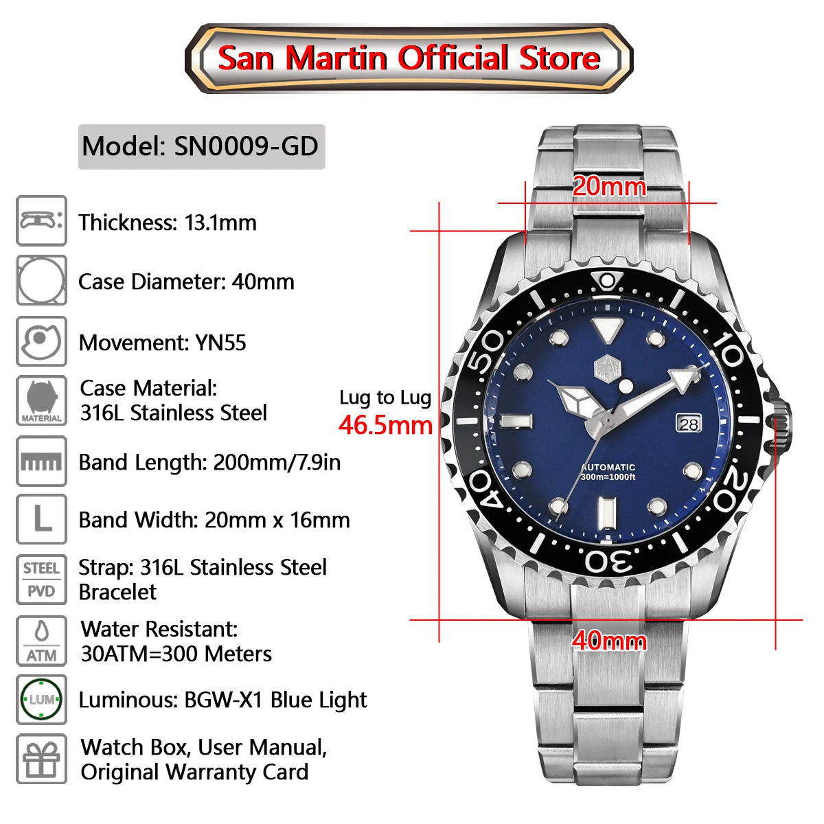 San Martin New 40mm Diver Watch YN55 Enamel Dial Classic Luxury Men Automatic Mechanical Watches Sapphire Waterproof 300m SN0009