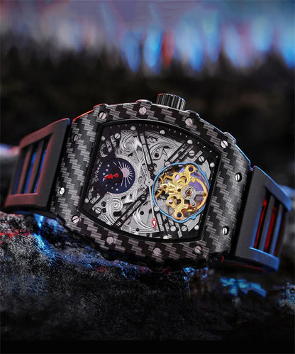 Mechaniczny zegarek Tourbillion dla mężczyzn, silikonowy pasek, szkieletowa koperta tonneau, automatyczne zegarki męskie, luksusowa topowa marka, reloj hombre