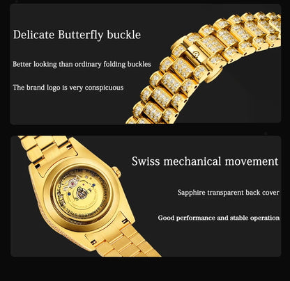 【START】Men's Watch Swiss Automatic Mechanical Movement Diamond Watch Waterproof Date Week Function Golden Watch