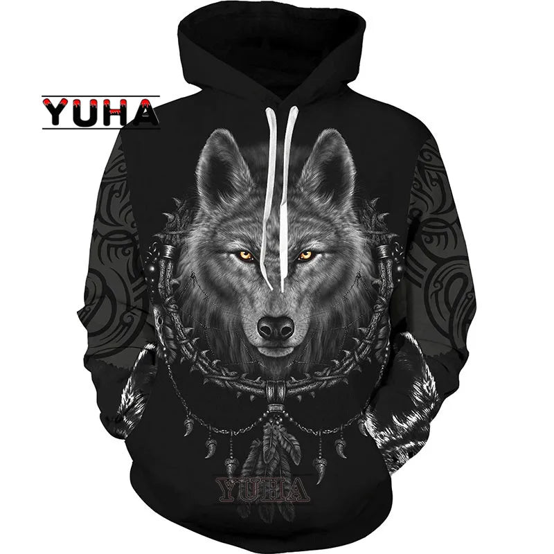 Sweatshirt com Capuz Unissexo Wolf com Impressão 3D, Pullover Cool com Gráfico Animal, Streetwear Masculino