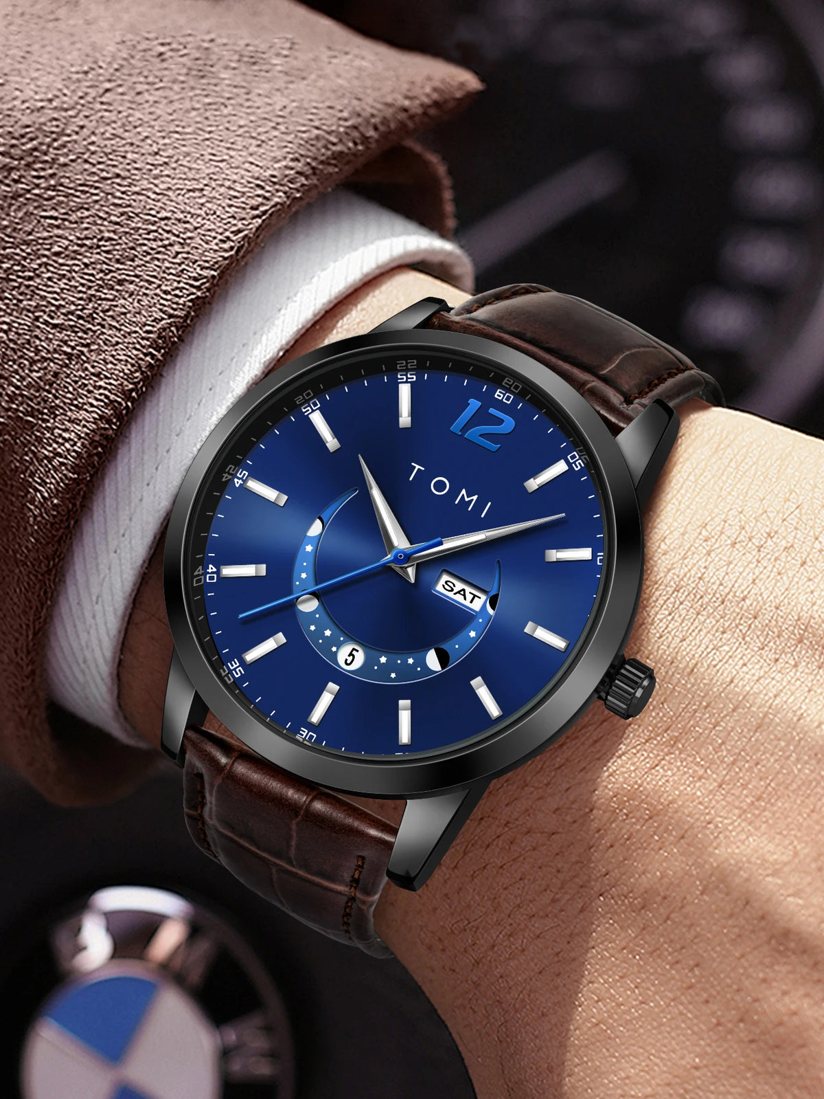 Relógio de quartzo TOMI, estilo empresarial e elegante, com bracelete em pele, caixa em liga metálica e mostrador com ponteiros – Design de alta qualidade, ideia de presente para homem