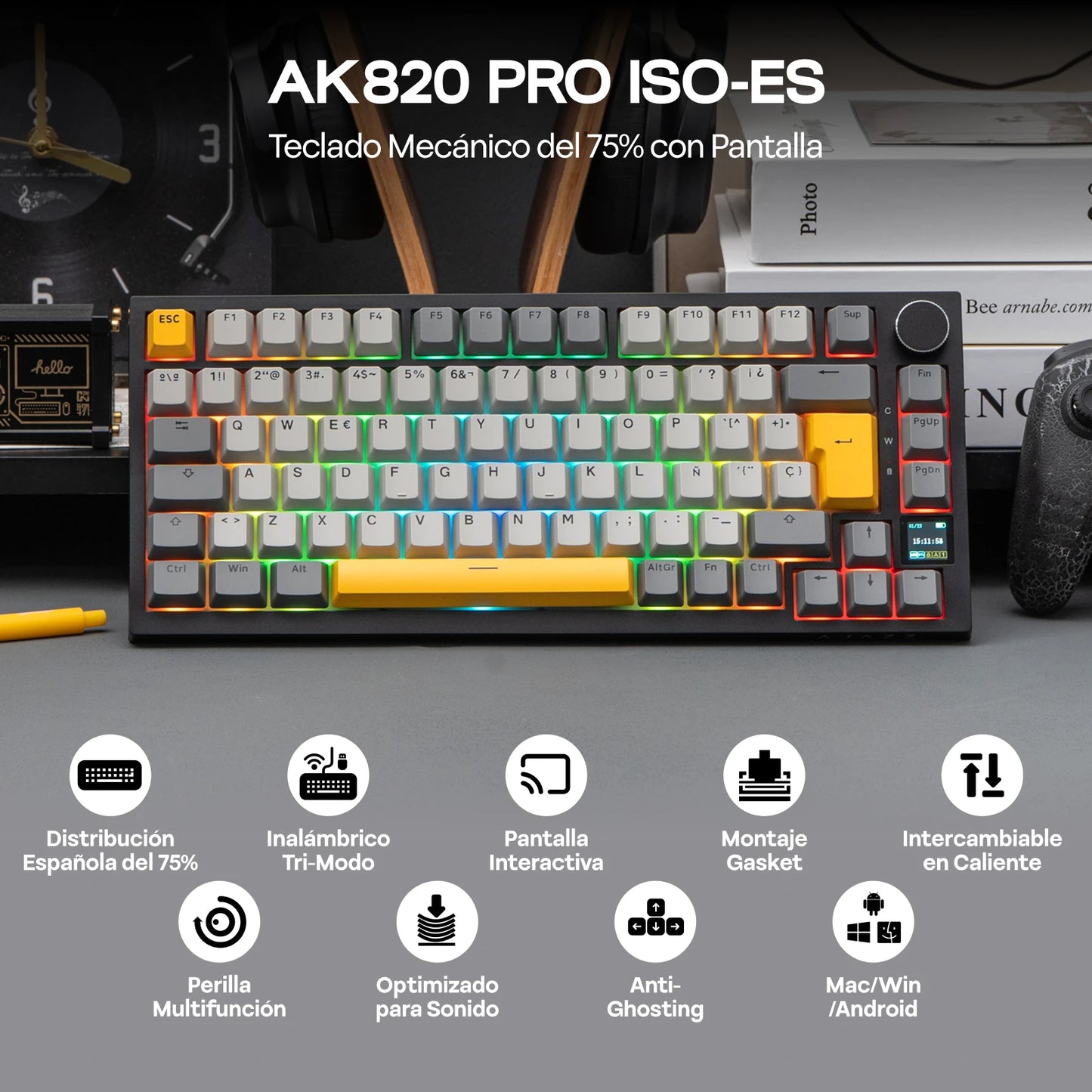 Distribución ISO-ES EPOMAKER X AJAZZ AK820 PRO 75% teclado mecánico con distribución española, cable/2.4GHz/BT, pantalla y perilla para Pc/Mac
