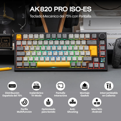 Distribución ISO-ES EPOMAKER X AJAZZ AK820 PRO 75% teclado mecánico con distribución española, cable/2.4GHz/BT, pantalla y perilla para Pc/Mac