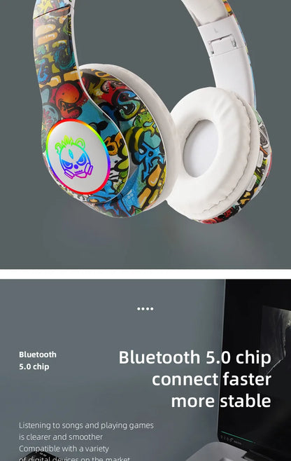 Nuovo headset gaming Bluetooth wireless Graffiti LX-8686 con microfono, luce LED, supporto per scheda TF, bassi profondi e cuffie over-ear per PC, gaming e bambini