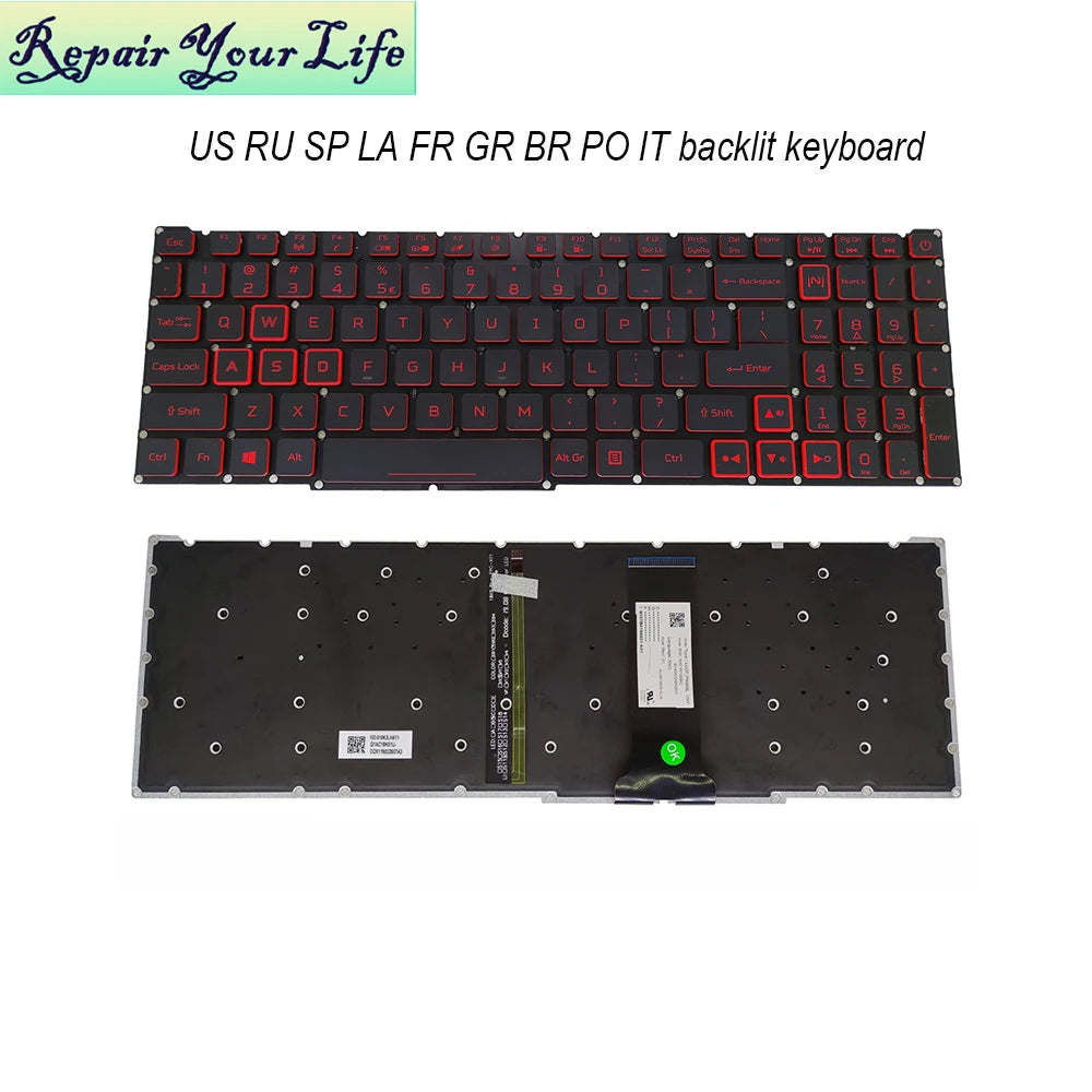 Teclado retroiluminado PT-BR Brazil US RU para Acer Nitro 5 AN515-54 AN515-43 AN517-52 AN517-51 AN517-54 AN715-51 Spain LA IT TR GR FR