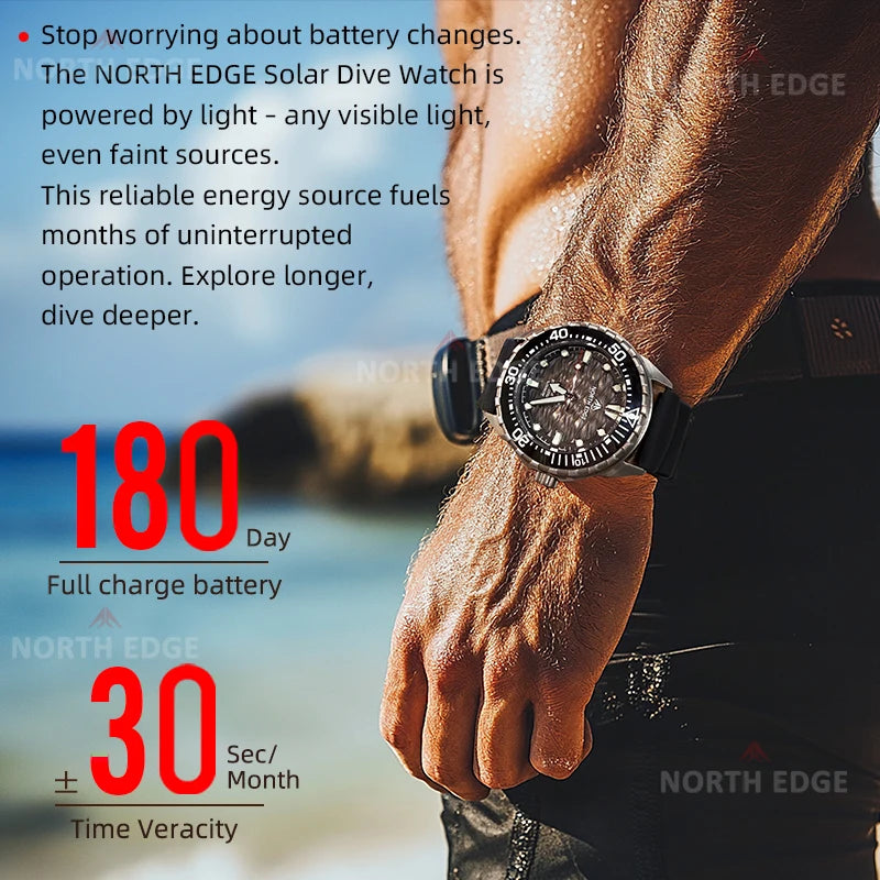 NORTH EDGE 2025 NEW+ TRITON-TI Titanium Solar-Powered Diving Watch Luxury Quartz Watches for Men 300M Waterproof 180+ Day Power
