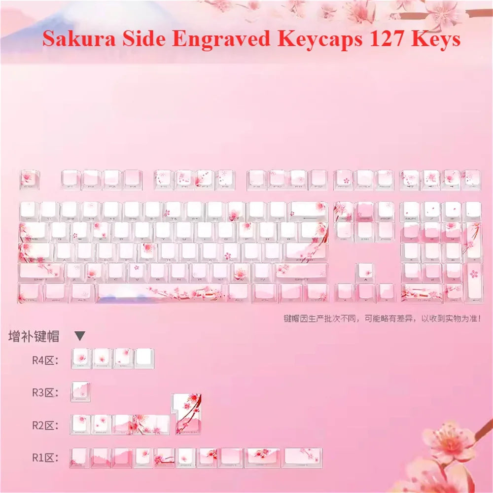 Juego de teclas Sakura Pink con grabado lateral, PBT translúcido, 127 teclas para switches MX y teclados mecánicos 60/84/90/104/108