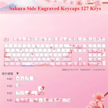 Juego de teclas Sakura Pink con grabado lateral, PBT translúcido, 127 teclas para switches MX y teclados mecánicos 60/84/90/104/108