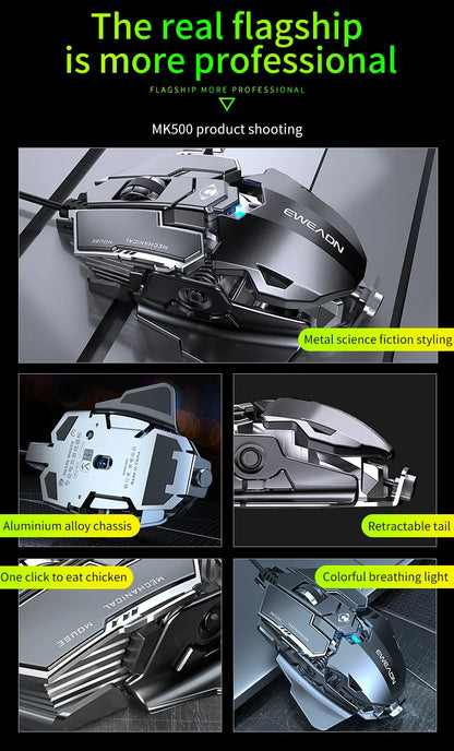 Mouse gaming meccanico in metallo cablato ergonomico con retroilluminazione RGB, mouse da gioco ottico USB 12800 DPI per PC desktop