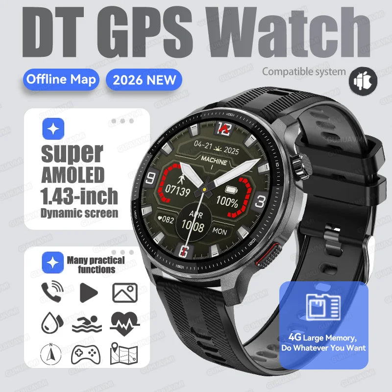 New GPS Offline Maps Smart Watch Men Memory 3D Menu Styles TWS MP3&MP4 Player 1.43"AMOLED Compass Sport Swim Waterproof Bracelet
