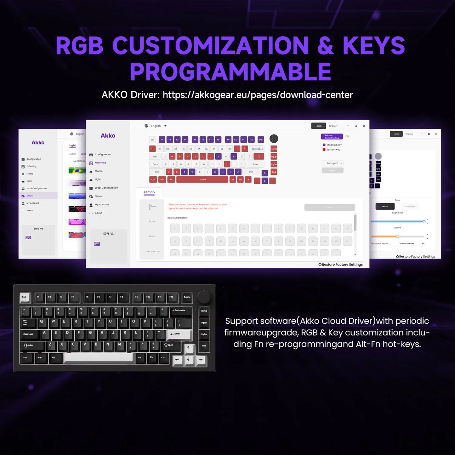 Teclado Akko 5075 V3 75% ANSI-US con rueda de volumen, hot-swappable, RGB, USB Type-C/2.4g y BT5.0, trimodo, teclado mecánico gaming personalizado