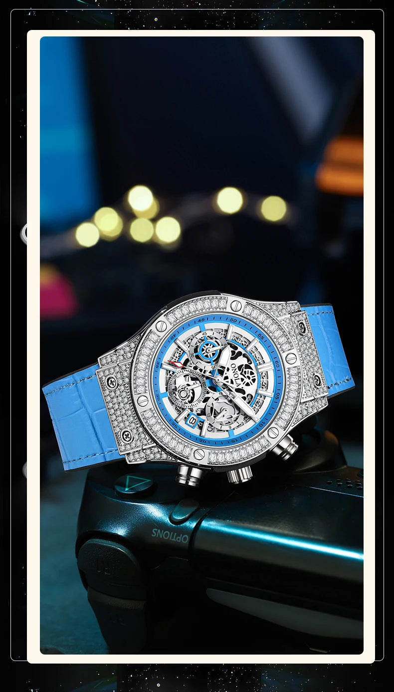 ONOLA Luxury Style Diamond Inlaid Men Quartz Watch Leather Strap Calendar Men Watch 30M Waterproof Men Clock