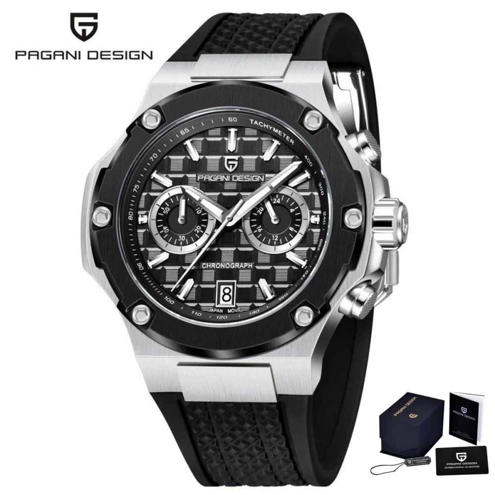 Reloj de cuarzo para hombre PAGANI DESIGN PD-YS032, 44mm, movimiento japonés VK64, caja de acero inoxidable, correa de caucho, cristal de zafiro, resistente al agua 100M
