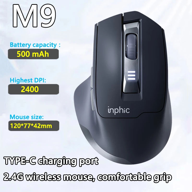 Mouse da ufficio silenzioso INPHIC con display del livello batteria, 2400DPI, wireless, adatto a computer desktop e laptop