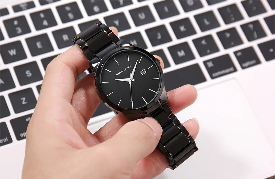 Relógio de homem Hannah Martin, caixa em aço inoxidável, movimento de quartzo, mostrador de 41 mm, estilo profissional, com indicação do calendário (imitação)