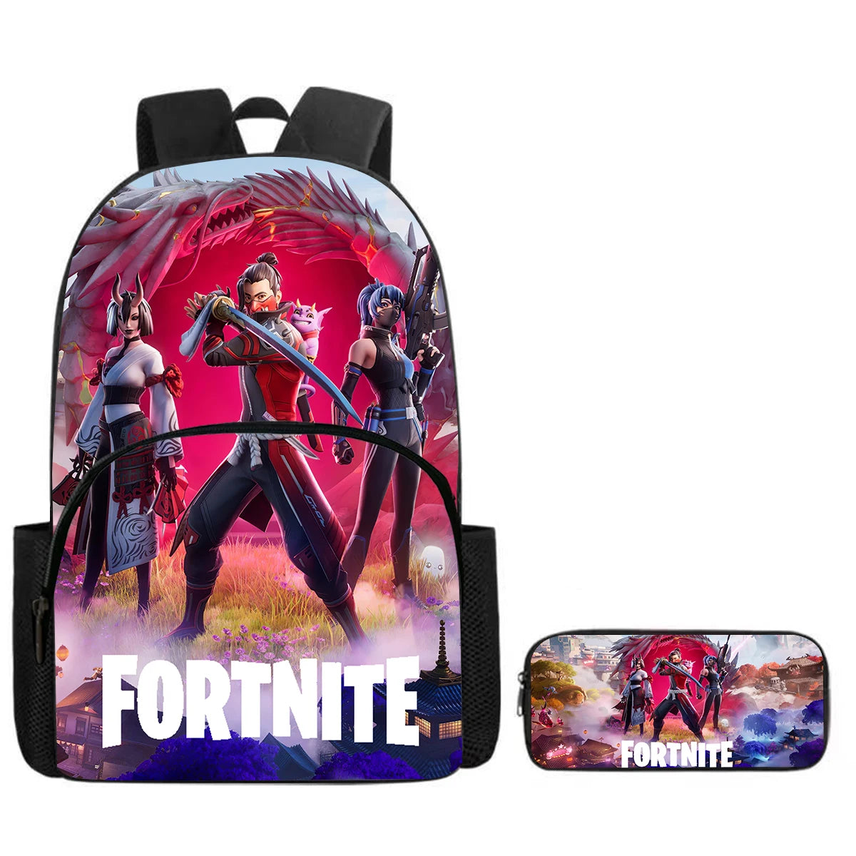 Zaino Fortnite Cartoon con tasca frontale e astuccio 2 pz - Set scolastico per bambini e bambine dai 5 agli 8 anni, regalo per il rientro a scuola