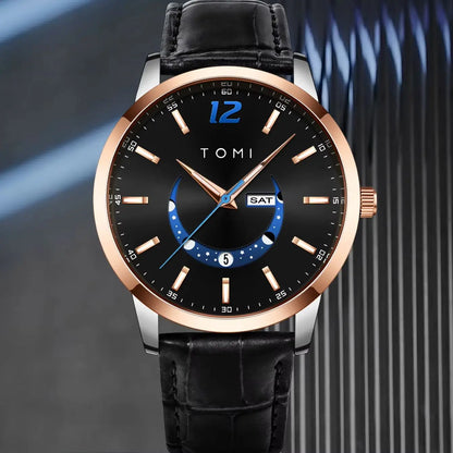 Relógio de quartzo TOMI, estilo empresarial e elegante, com bracelete em pele, caixa em liga metálica e mostrador com ponteiros – Design de alta qualidade, ideia de presente para homem