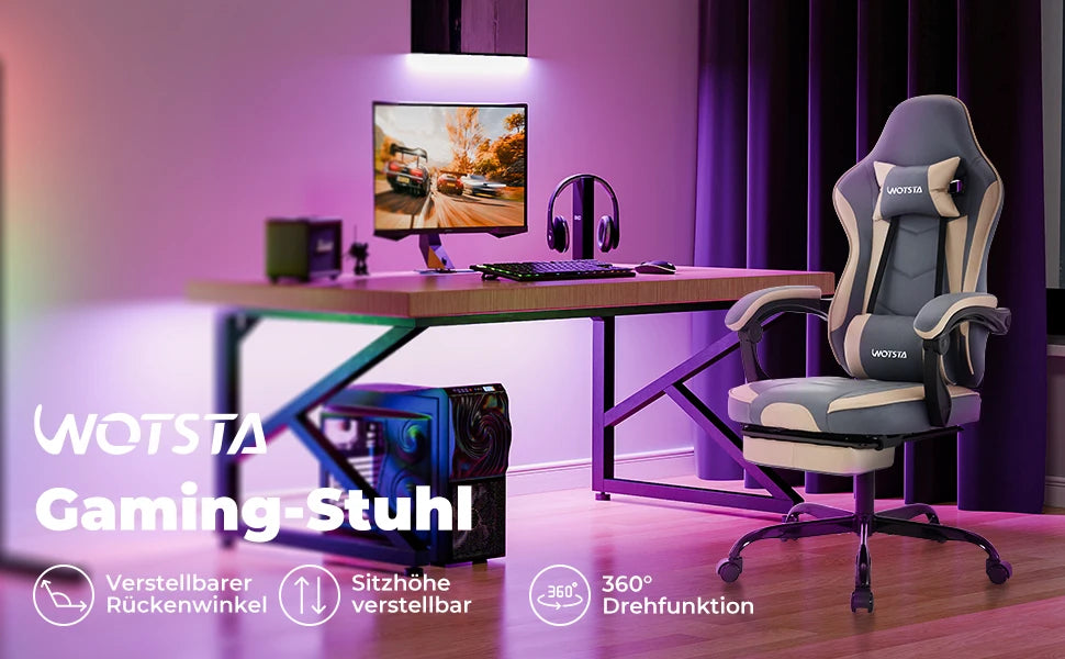 Silla gaming WOTSTA con reposapiés, silla para gamers ergonómica con cojín lumbar, reposacabezas y altura ajustable para ordenador