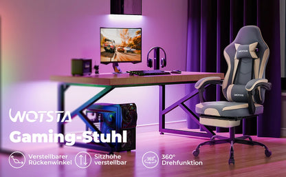 Silla gaming WOTSTA con reposapiés, silla para gamers ergonómica con cojín lumbar, reposacabezas y altura ajustable para ordenador