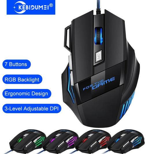 KEBIDUMEI langallinen pelihiiri, 7 painiketta, RGB-taustavalaistu hiiri, ergonominen USB-hiiri, 2400 DPI, 3 DPI-tasoa, PC:lle, kannettavalle, Windowsille ja Mac OS:lle