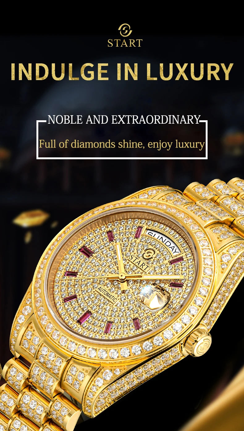 【START】Men's Watch Swiss Automatic Mechanical Movement Diamond Watch Waterproof Date Week Function Golden Watch