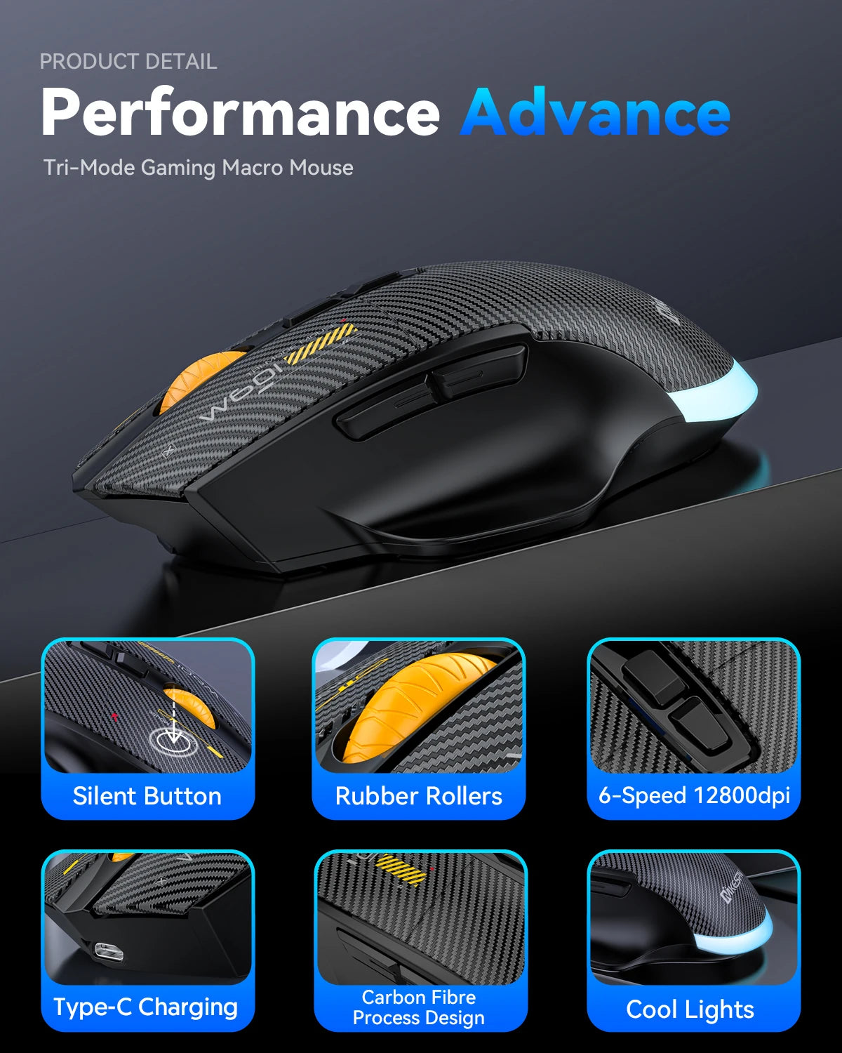 Mouse gaming tri-mode 12800DPI 2.4G Wireless Bluetooth cablato in fibra di carbonio, pulsante silenzioso, programmazione macro, 500mAh, 7 tasti