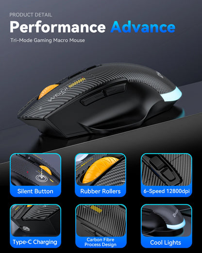 Mouse gaming tri-mode 12800DPI 2.4G Wireless Bluetooth cablato in fibra di carbonio, pulsante silenzioso, programmazione macro, 500mAh, 7 tasti