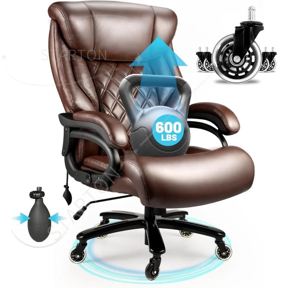 Silla de oficina grande y alta de 500Lbs, asiento ancho con muelles, diseño ejecutivo, silla de escritorio giratoria 360 con ruedas resistentes