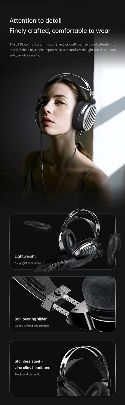 Auriculares circumaurales abiertos con cable FiiO JT3, driver dinámico de 50mm HiFi y cable desmontable