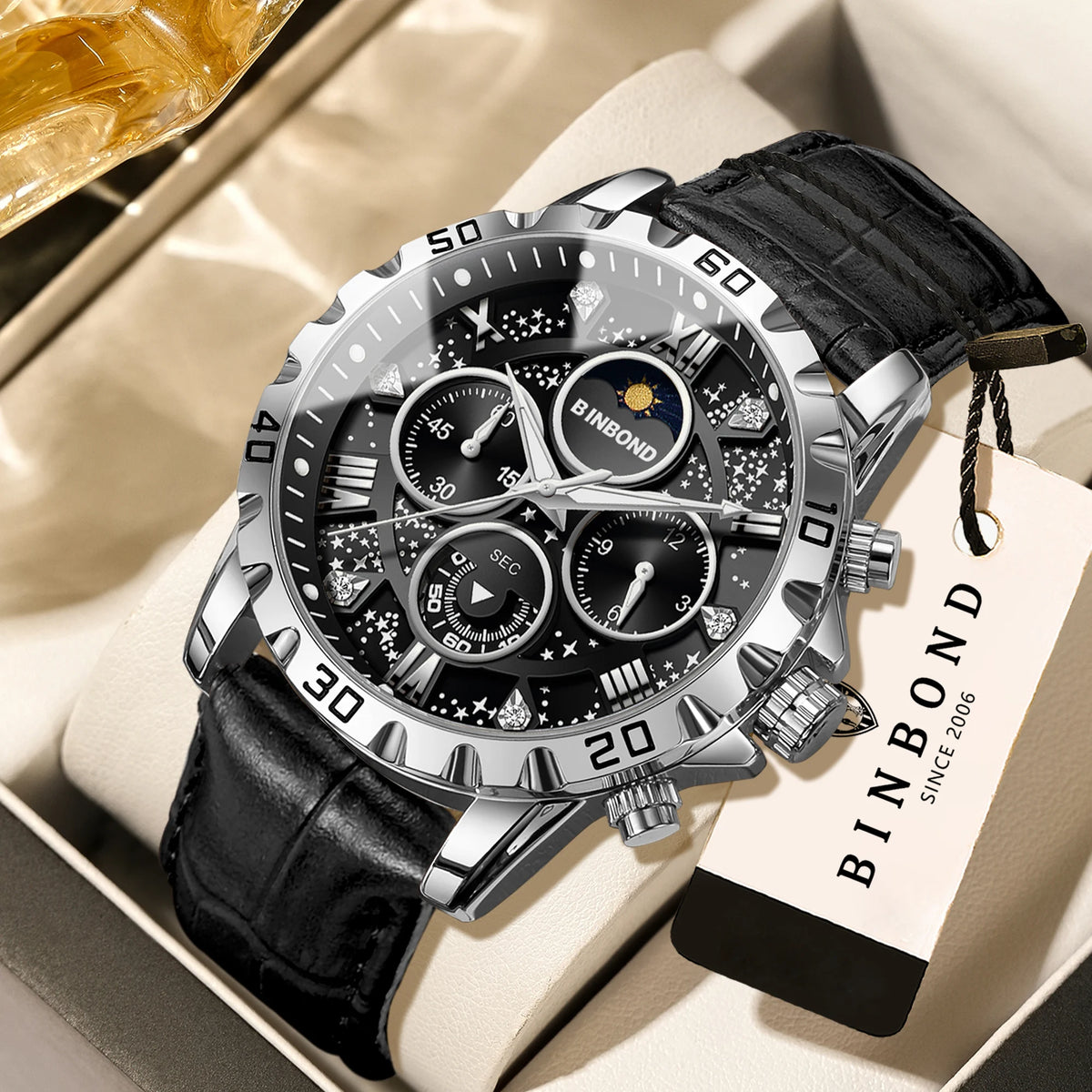 Relógio de pulso de quartzo BINBOND, autêntico e preciso, para homem, cronógrafo luxuoso, resistente à água e com luz, com bracelete em pele.