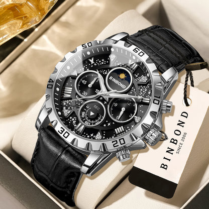 Relógio de pulso de quartzo BINBOND, autêntico e preciso, para homem, cronógrafo luxuoso, resistente à água e com luz, com bracelete em pele.