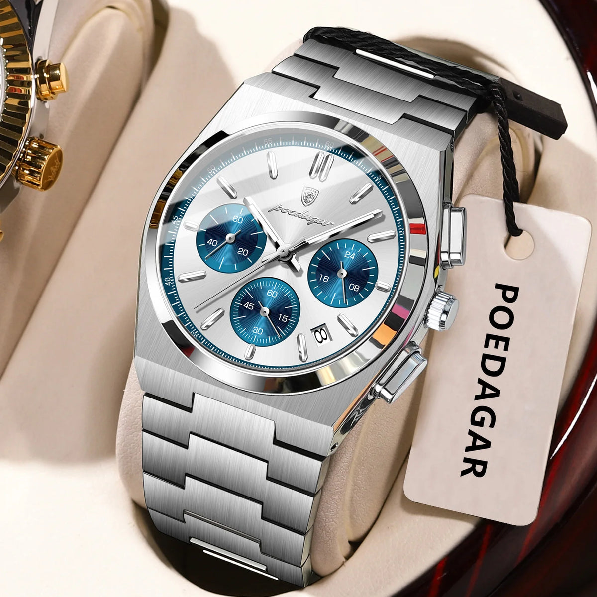 Reloj para hombre POEDAGAR: cronógrafo de lujo de acero inoxidable, con fecha, resistente al agua y luminiscente; reloj de pulsera deportivo de cuarzo