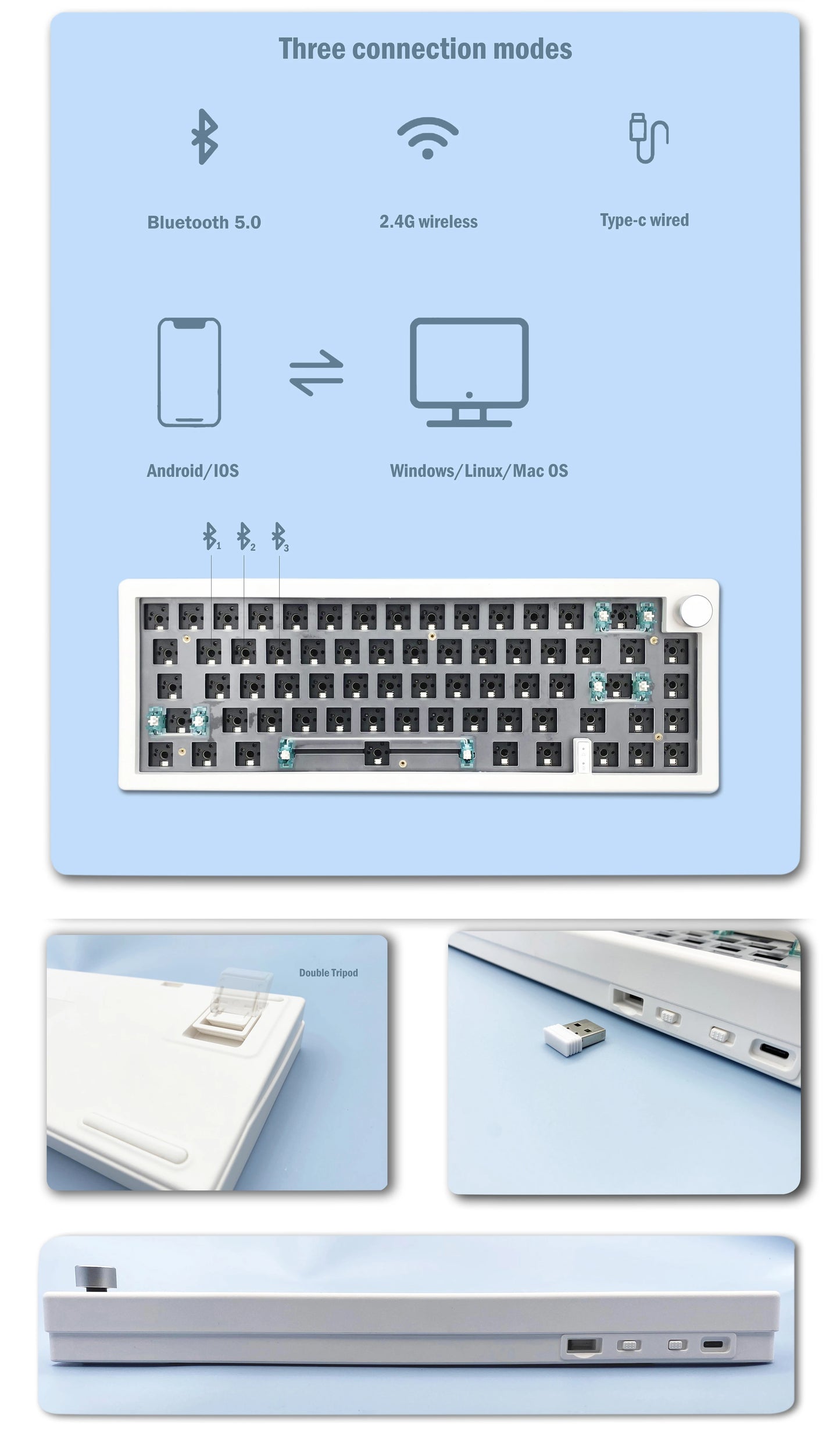 Kit tastiera meccanica personalizzata ZUOYA GMK67 hot-swappable Bluetooth 2.4G wireless con retroilluminazione RGB, struttura gasket, tastiera 3 modalità