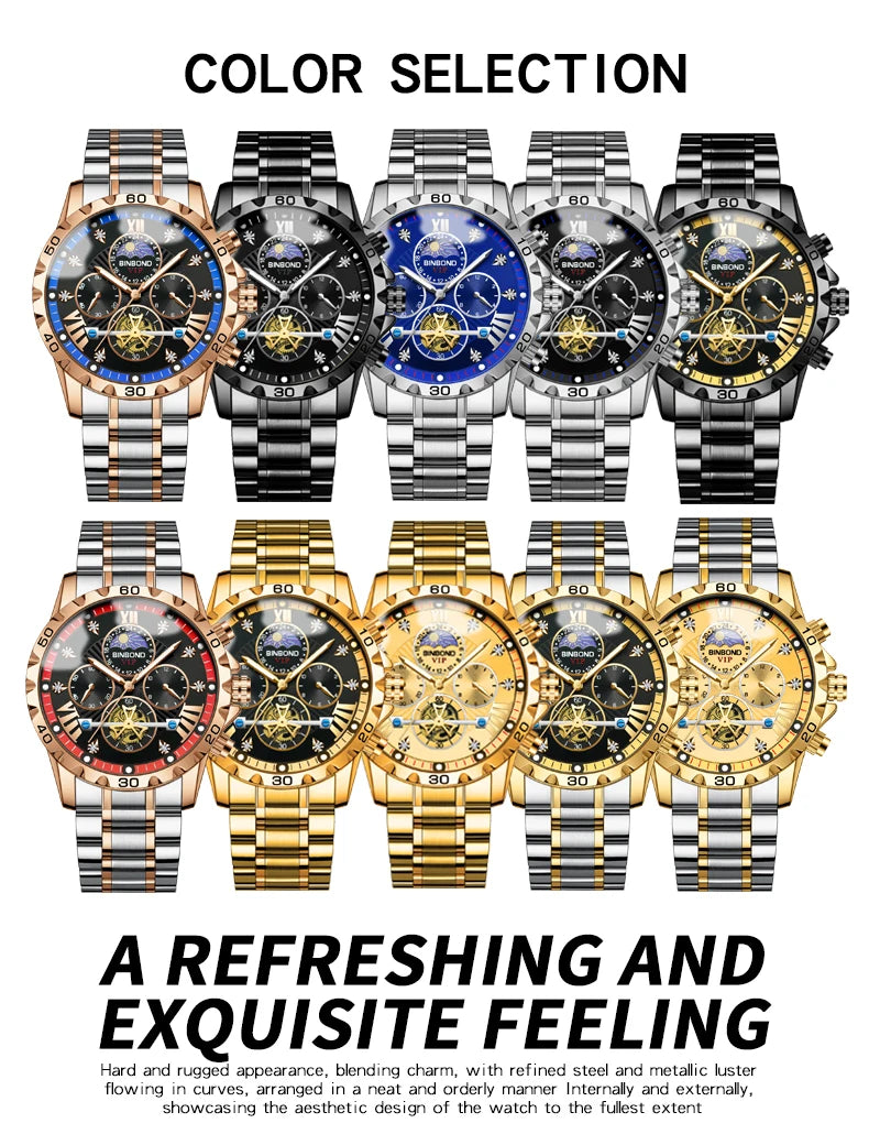BINBOND quartz watches for men luxury accurate durable watch luminous waterproof chronograph men's watch business watch reloj