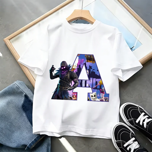 T-shirt dziecięcy Fortnite A-Z z nadrukiem alfabetu, biały, letni, popularny motyw z gry rysunkowej, modna koszulka casual z krótkim rękawem, idealna na prezent