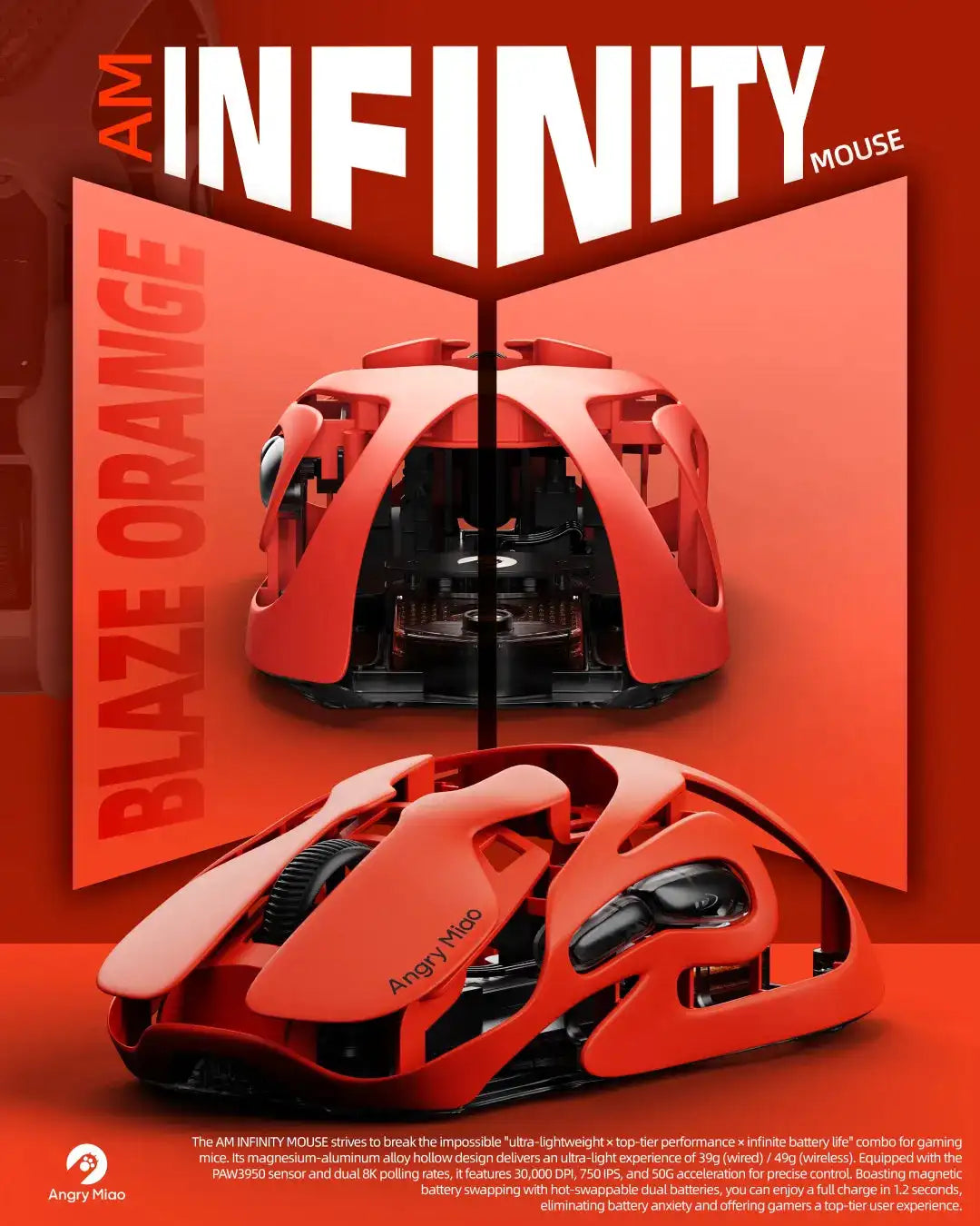 Angry Miao Infinity Mouse Wireless da Gaming Hot-Swappable in Metallo Ultralight Hollow PAW3950 Dual 8K Cablato Tri-Mode Arancione