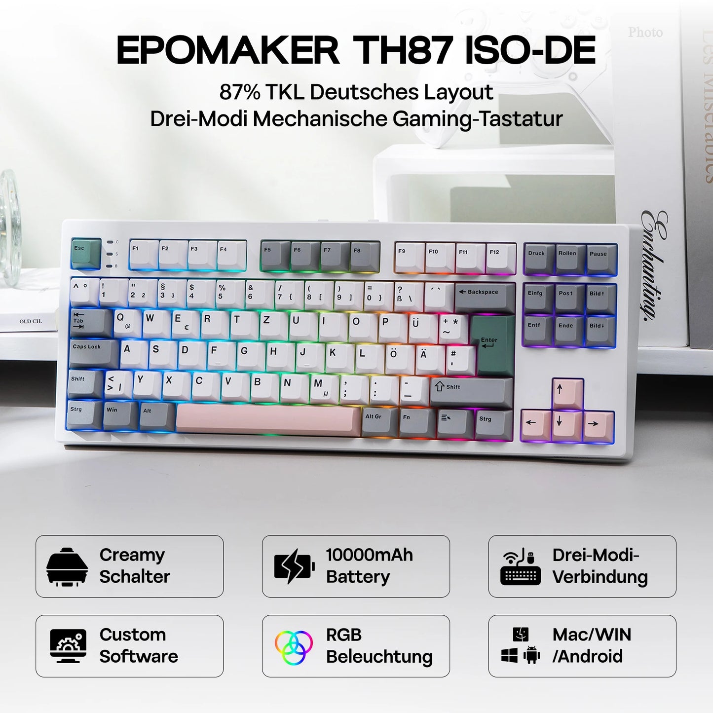 EPOMAKER TH87 ISO-DE Tenkeyless TKL Layout Gasket Wired/Bluetooth/2.4 GHz Wireless Mechanical Keyboard with RGB Backlight