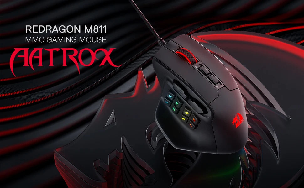 Redragon M811 Aatrox MMO-gamingmuis, bedrade RGB-gamingmuis met 15 programmeerbare knoppen, ergonomische optische gamingmuis met 12.400 DPI