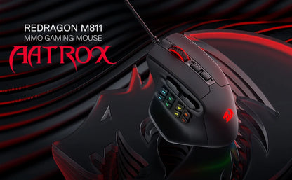 Redragon M811 Aatrox MMO-gamingmuis, bedrade RGB-gamingmuis met 15 programmeerbare knoppen, ergonomische optische gamingmuis met 12.400 DPI