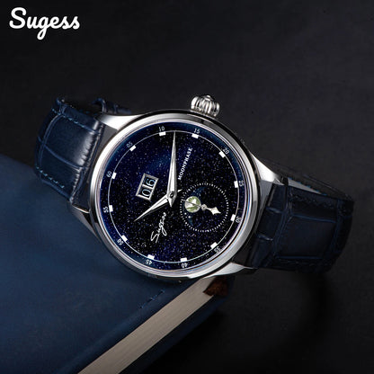Sugess Moonphase Watch of Men 40mm Automatic Mechanical Wristwatches Seagul ST2528 Movement Stainless Steel Blue Sandstone Dial