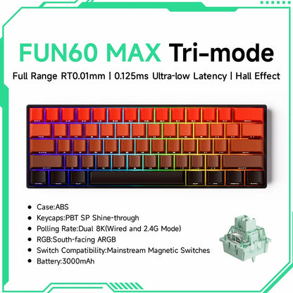MONSGEEK FUN60 PRO&MAX HE Tastiera meccanica con switch magnetici 60% wireless da gaming, Rapid Trigger 8K ARGB, tastiera personalizzata