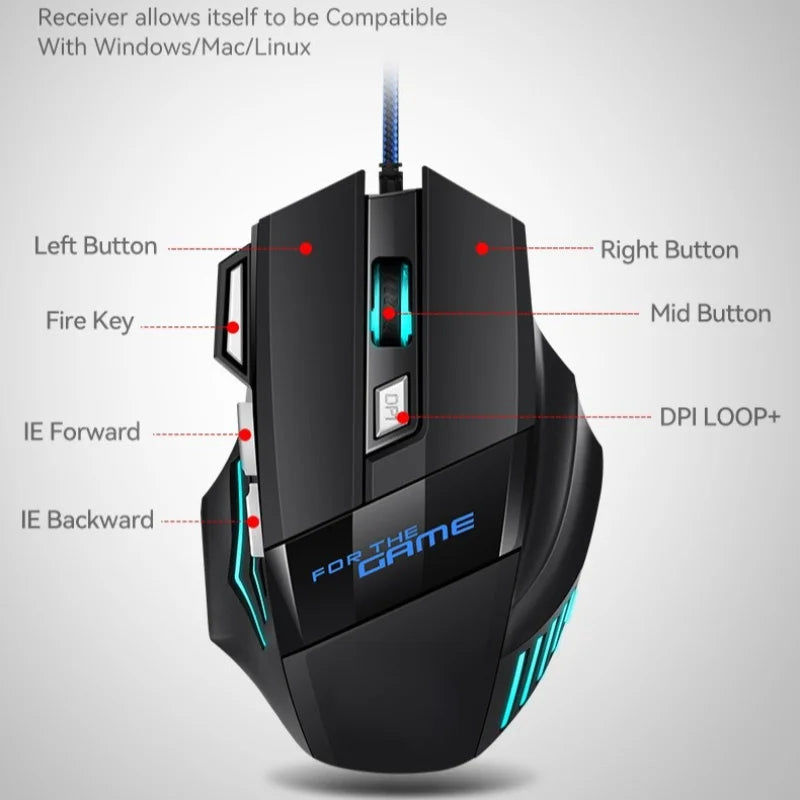 Ratón gaming con cable USB G6, 7 botones con rueda de desplazamiento, 5500DPI ajustables, óptico y ergonómico, para e-sports, portátil, PC y Xiaomi