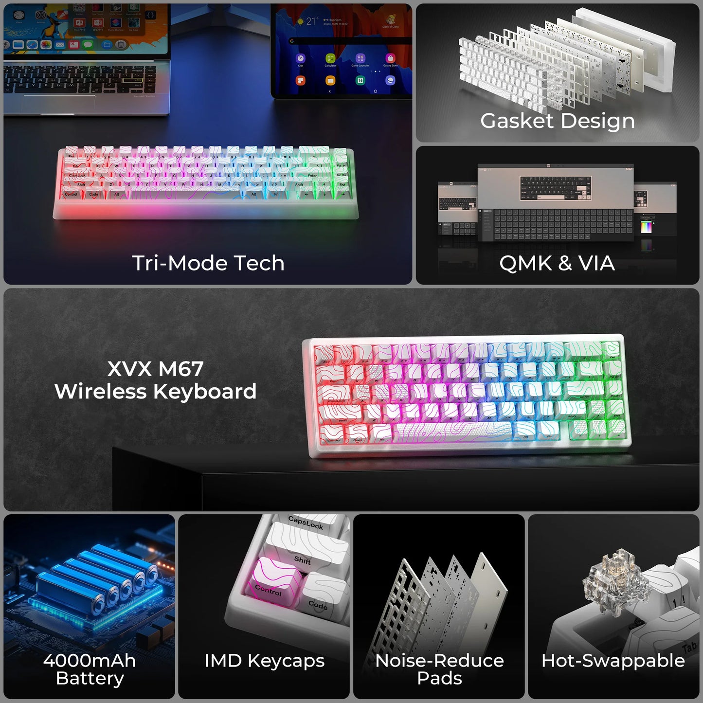 Teclado mecánico inalámbrico XVX M67 JadeStone con teclas IMD-Tech, trimodo, diseño topográfico blanco gamer y estructura gasket