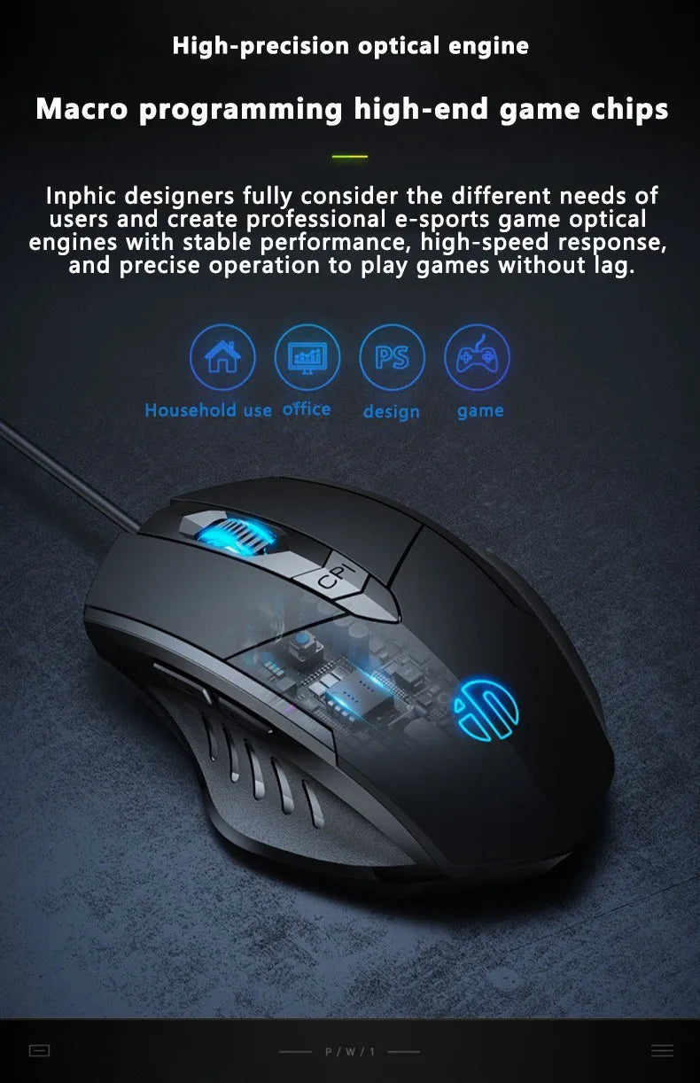 Mouse cablato Inphic W1 Esports Gaming, mouse silenzioso da ufficio, disponibile con tre o sei tasti