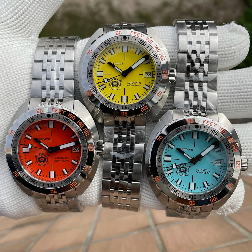 SD1967 Milled Clasp Bracelet Steel Bezel 43mm Steeldive Sapphire Glass 20ATM Water Resistant NH35 Automatic Man Dive Watch