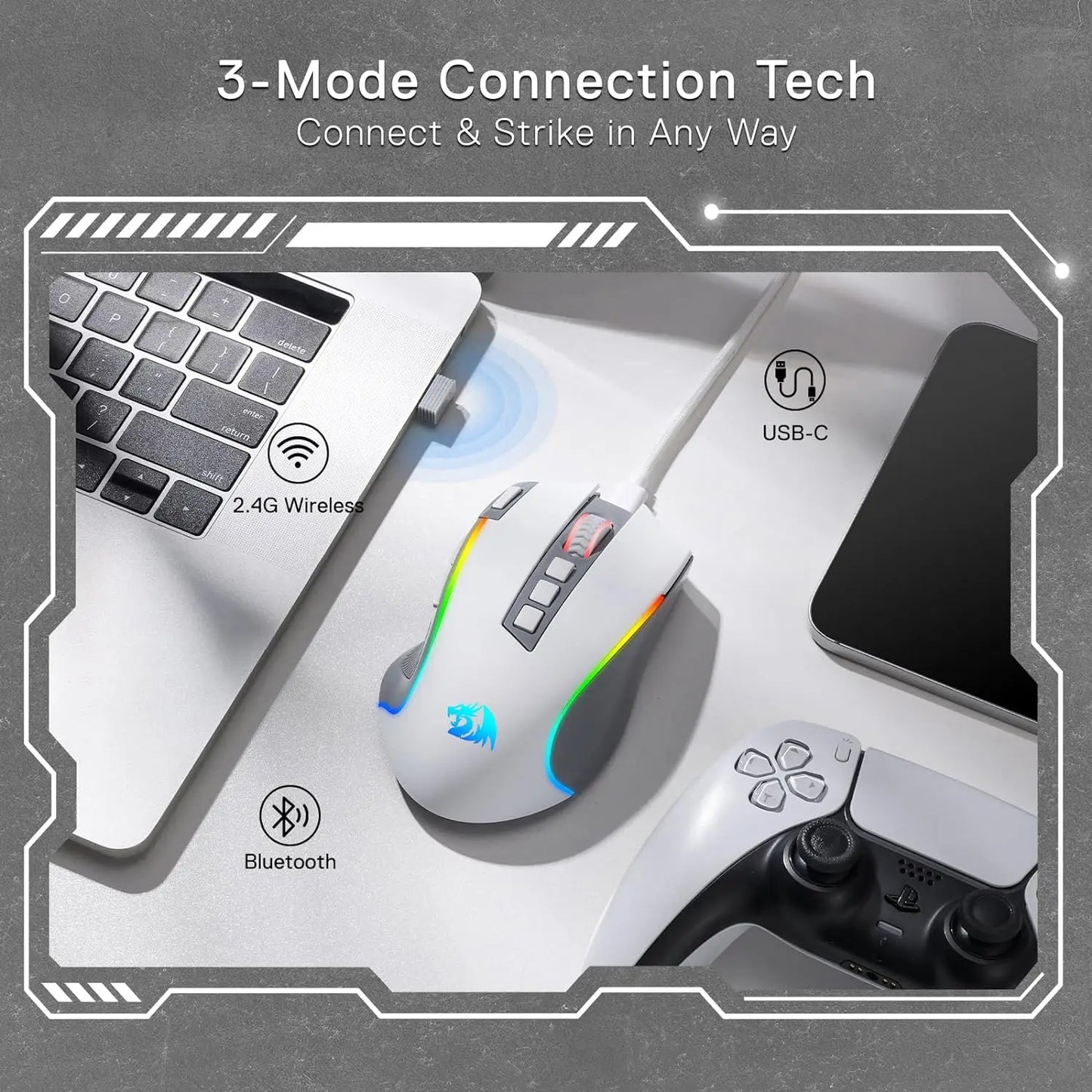 Redragon M612 PRO RGB BT 2.4G Gaming Gamer Mouse, 8000 DPI Wireless Optical 9 Programmable Buttons 7 Backlit Modes, B