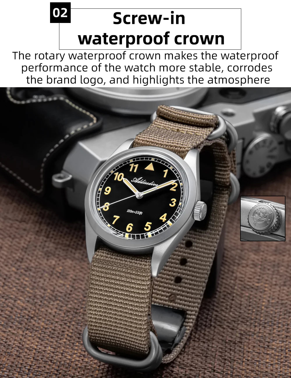 ADDIESDIVE Luxury Quartz Watch For Men New 36mm AR Coated Bubble Glass AD2079 Luminous 100m Waterproof Stainless Steel Men Gift
