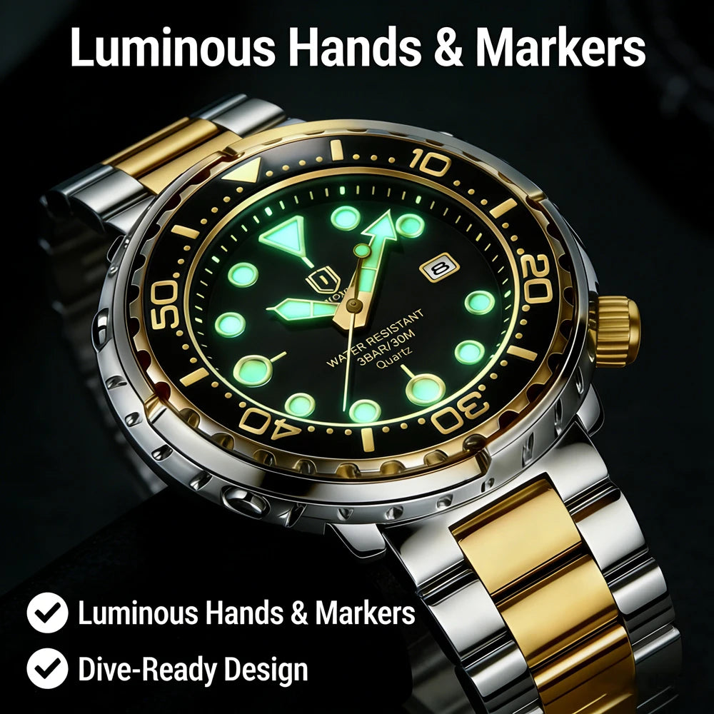 QINGXIYA Mens Watches Fashion Waterproof Luminous Date Rotating Dial High Quality Stainless Steel Luxury Brand Men Quartz Watch