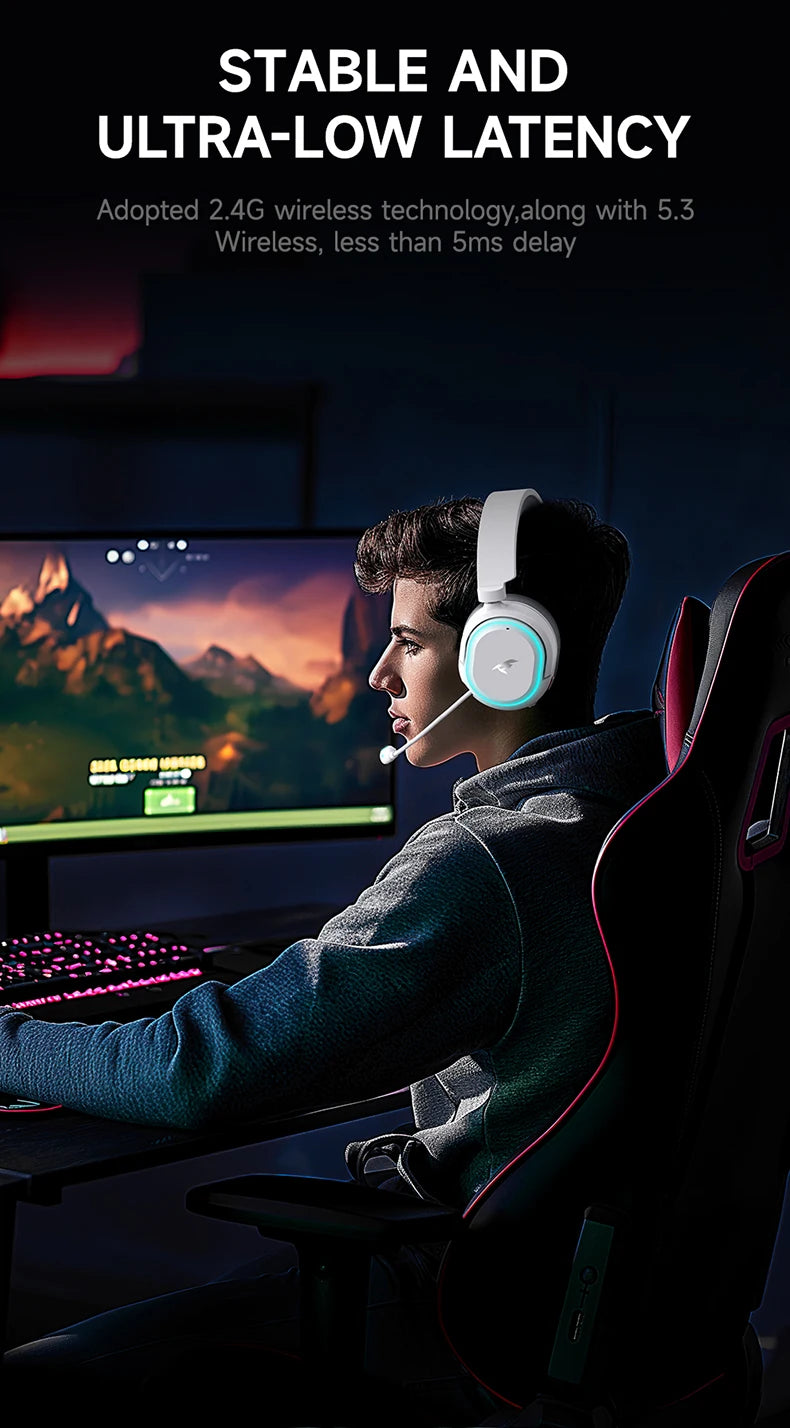 Auscultadores Gaming Sem Fios Picun G2 Bluetooth 5.3 – Som Surround 7.1, Baixa Latência de 5ms e Microfone ENC para PC, PS5, PS4, Switch e Mobile